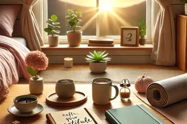 DALL·E 2024 10 25 19 36 42 A peaceful morning scene with a soft sunrise through a window, showing a cozy room where a person is practicing mindful morning rituals Items symboli