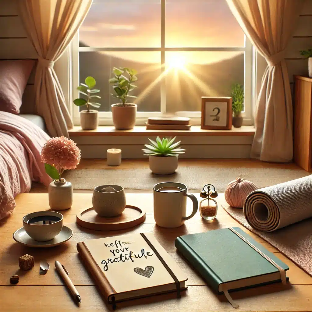 DALL·E 2024 10 25 19 36 42 A peaceful morning scene with a soft sunrise through a window, showing a cozy room where a person is practicing mindful morning rituals Items symboli